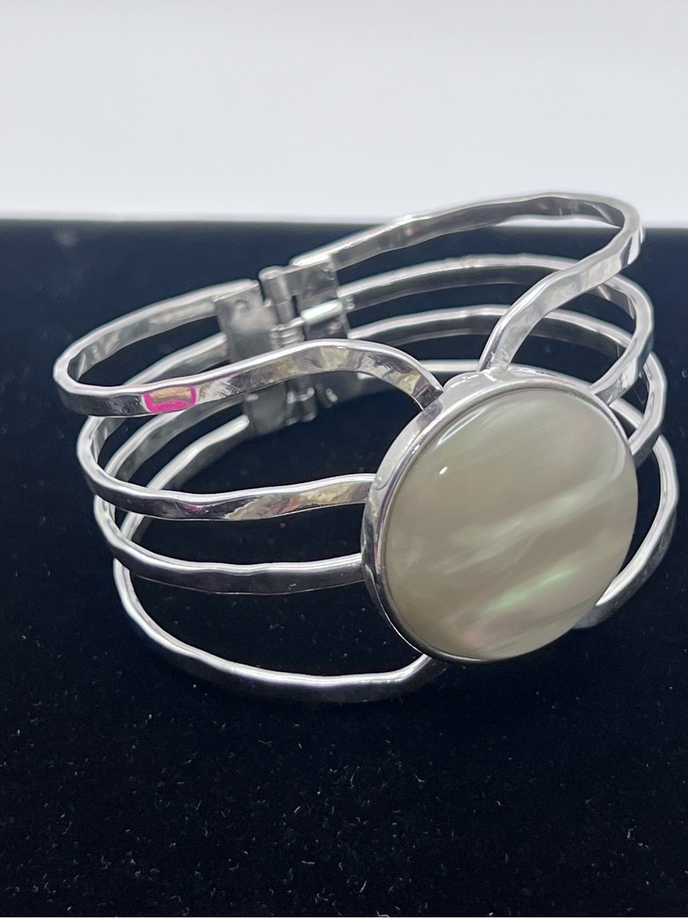 Silver Tone Multi Strand Cuff Bracelet Large Mother of Pearl Shell Statement